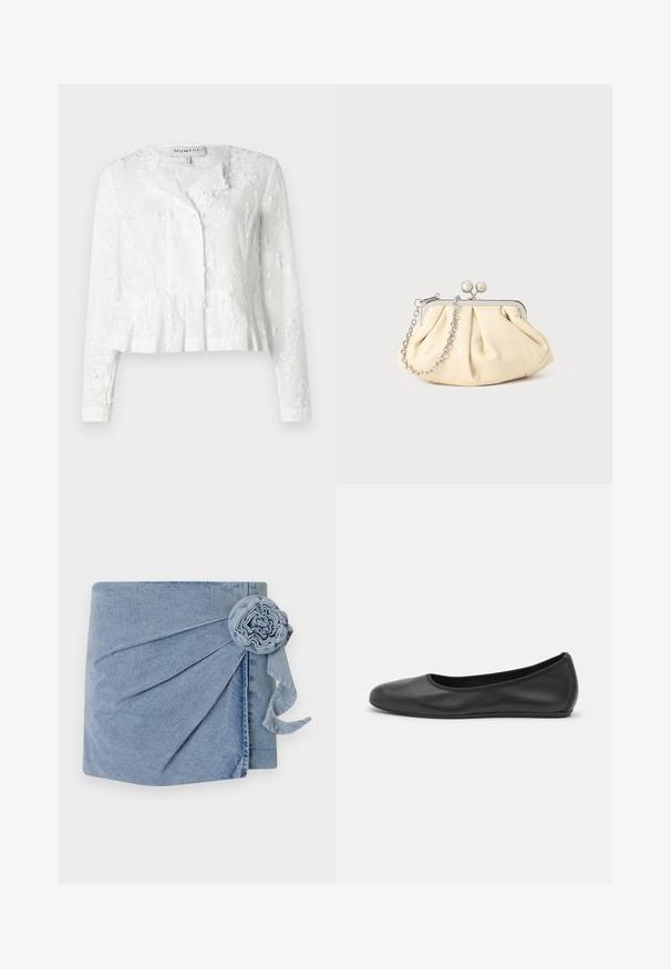 Weißes Bl blouse mit langen Ärmeln, floraler Stickerei, einem Peplum-Saum und einer knöpfbaren Vorderseite. Hergestellt aus leichtem Stoff mit texturiertem Finish.; Denim-Wickelkleid in einem hellblauen Farbton, mit aufwendigen Falten und einem dekorativen Blumenakzent, der mit einem schwebenden Band versehen ist. Weicher Stoff und lässiges Design.; Schwarze Leder-Ballettschuhe mit abgerundeter Spitze, glatter Textur, minimalen Nähdetails und einem flexiblen Sohlen-Design.; Faltige beigefarbene Ledertasche mit einem silbernen Metallrahmen, ausgestattet mit zwei runden dekorativen Verschlüssen und einem silbernen Kettenriemen.