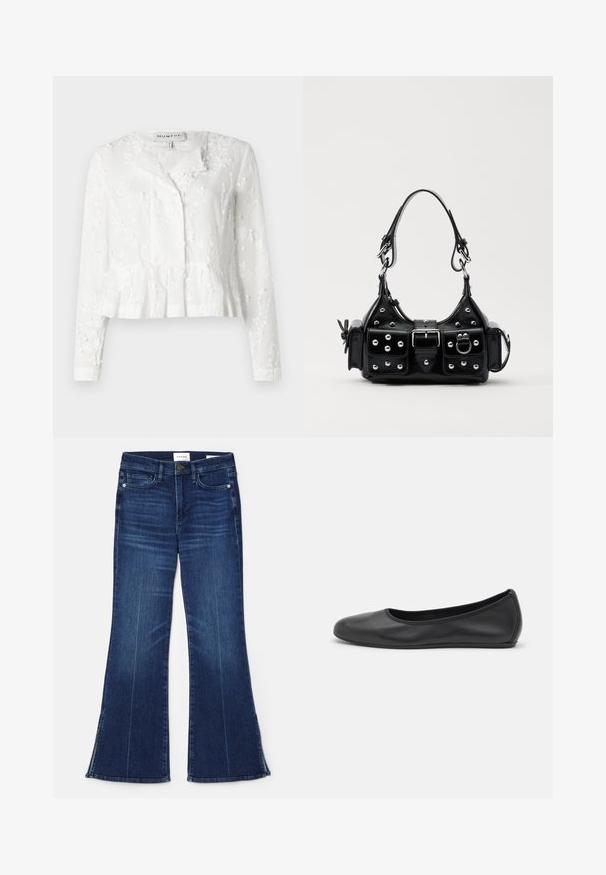 Blouse blanche à manches longues, avec broderies florales, un ourlet à peplum et un devant boutonné. Fabriquée en tissu léger avec une finition texturée.; Jean évasé bleu foncé en denim. Il présente une taille haute, des poches avant et des fentes au bas. Design classique à cinq poches.; Ballerines en cuir noir avec un bout rond, texture lisse, détails de couture minimalistes et design de semelle flexible.; Sac à main en cuir noir au design courbé, avec des clous en argent, une boucle et deux poches latérales. Bandoulière réglable pour différentes options de transport.