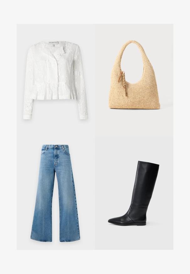 Witte blouse met lange mouwen, geborduurde bloemen, een peplumzoom en een knoopsluiting aan de voorkant. Gemaakt van lichtgewicht stof met een gestructureerde afwerking.; Lichte spijkerbroek met wijde pijpen en een hoge taille, voorzien van voorzakken, een knoopsluiting en subtiele vervagingsdetails.; Zwarte leren kniehoge laars met een puntige neus en een minimalistisch ontwerp. Glad textuur en platte zool, met discreete zijnaaddetails.; Geweven beige handtas met een gebogen handvat, textuur oppervlak en een bruine kwastdetail. Heeft een slonzige, hobo-vorm.
