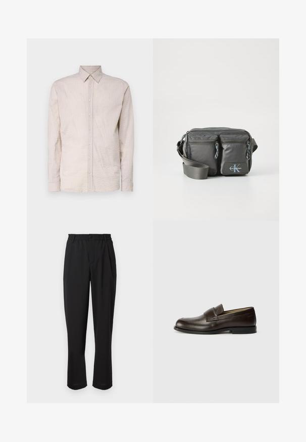 Helle beige Langarm-Bluse mit Knöpfen und strukturiertem Muster, ausgestattet mit einem Kragen und passenden Knopfdetails auf der Vorderseite.; Schwarze Hose mit einem elastischen Bund, Knopfverschluss und geradem Beinansatz. Glattes Material, keine sichtbaren Muster oder Akzente.; Calvin Klein Slipper - cocoa brown; Graue Nylon-Crossbody-Tasche mit zwei Reißverschluss-Fronttaschen, verstellbarem Riemen und Logo-Akzent. Glatte Textur mit modernem Design.