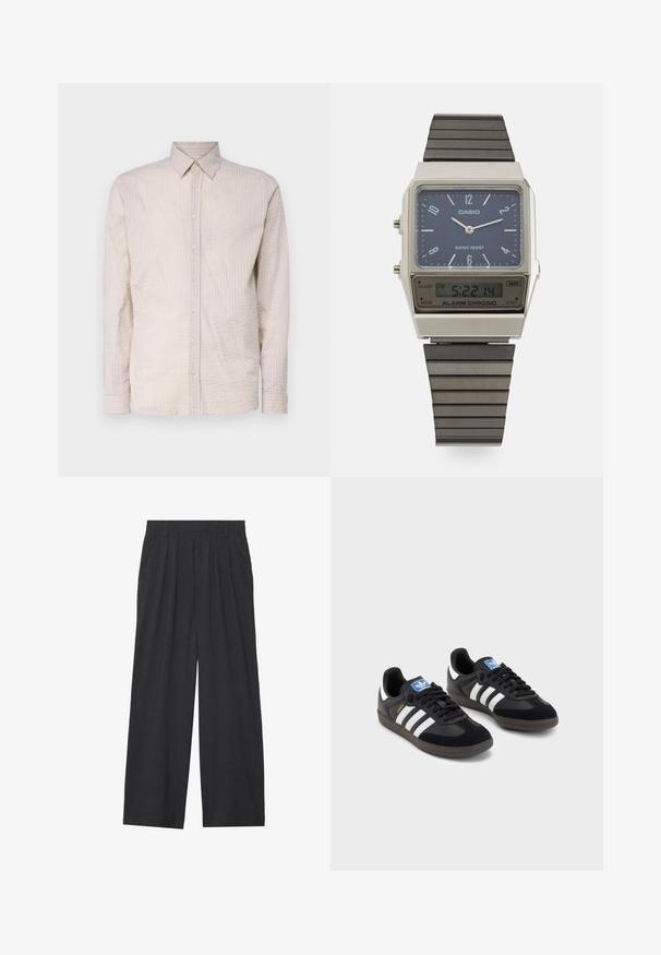 Lichtbeige overhemd met lange mouwen en knopen, voorzien van een textuurpatroon, met een kraag en bijpassende knoopdetails aan de voorkant.; Wijd-uitlopende broeken van donkergrijze stof. Kenmerken zijn plooien bij de taille, een tailor-made ontwerp en een rechte silhouet.; Zwarte sneakers met een bovenwerk van suède en synthetisch materiaal, voorzien van drie witte strepen, een gestructureerde rubberen zool en een blauw logo-label op de tong.; Casio digitale watch met een blauwe wijzerplaat, zilveren kast en gelaagde zwarte rubberen band. Toont de tijd en alarminstellingen. Waterbestendig.