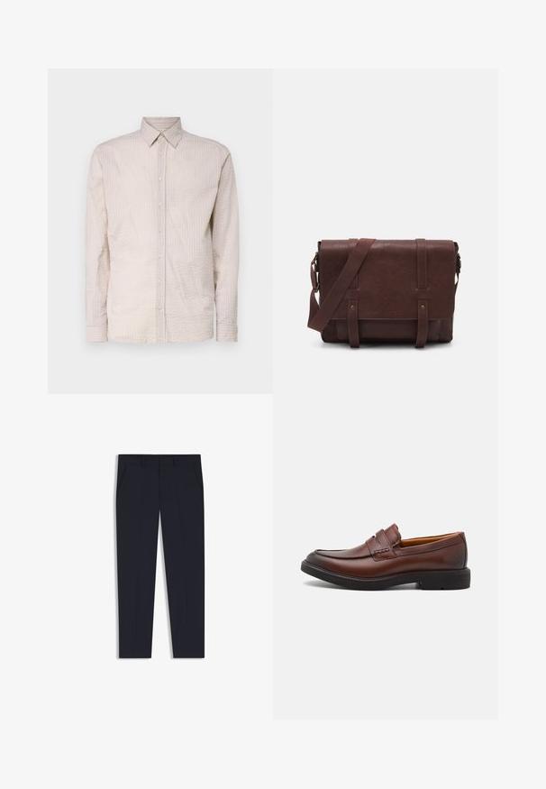 Camicia a maniche lunghe color beige chiaro, con un motivo testurizzato, dotata di colletto e dettagli in bottone coordinati lungo tutta la parte anteriore.; Pantaloni blu navy con una vestibilità su misura, dotati di due tasche frontali, design a frontale piatto e una texture liscia. Nessun motivo o decorazione visibile.; Mocassini in pelle marrone con punta arrotondata, cuciture decorative e suola in gomma nera. Texture liscia e dettagli di design minimi.; Borsa a tracolla in pelle marrone con un davanti piatto, due cinghie, dettagli in metallo dorato e una tracolla regolabile.
