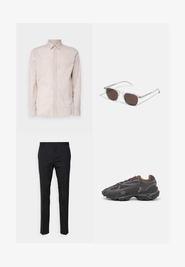 Camicia a maniche lunghe color beige chiaro, con un motivo testurizzato, dotata di colletto e dettagli in bottone coordinati lungo tutta la parte anteriore.; Pantaloni neri su misura con una vestibilità dritta, realizzati in tessuto liscio. Presentano passanti per cintura e dettagli di piega lungo la parte anteriore.; Sneaker Lacoste grigie scure in materiale mesh e sintetico, con suola testurizzata e dettagli marroni sul colletto e sul branding.; Occhiali da sole trasparenti in plastica con lenti rettangolari marroni, dotati di sottili aste trasparenti e dettagli in metallo sulle tempie.