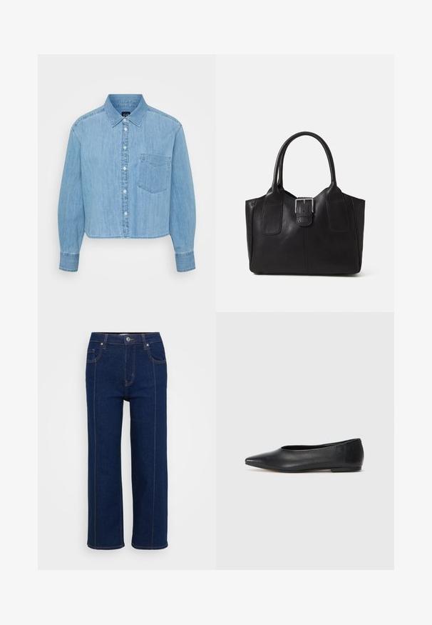 GAP Petite SHIRT - Blusa com botões - light wash; Jeans de perna reta azul escuro com fecho de botão, bolsos frontais e traseiros e costura laranja visível ao longo das costuras.; Bailarina de couro preto, bico fino, design minimalista, textura suave, salto baixo, sem hardware ou embelezamentos visíveis.; Bolsa tote de couro preta com textura suave, forma estruturada, duas alças e um destaque prateado proeminente na parte da frente.