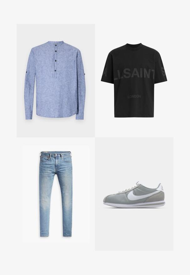 Cămașă lungă cu mâneci, de culoare albastră deschisă, cu guler rotund, având o deschidere cu trei nasturi negri și manșete cu nasturi. Textură de țesătură netedă.; Cămășă oversized neagră cu text de culoare gri închis "ALLSAINTS" pe piept și "LONDON" în litere mai mici dedesubt.; Jeans slim-fit de culoare albastru deschis, cu un ușor efect de decolorare pe coapse, închidere frontală cu nasture, bucle pentru Curea și stil de cinci buzunare, pe un fundal alb.; Pantofii sport gri au un superior din suede și textil, cu simbolul Nike alb și șireturi albe. Dispun de o talpă din cauciuc texturat și un guler căptușit.