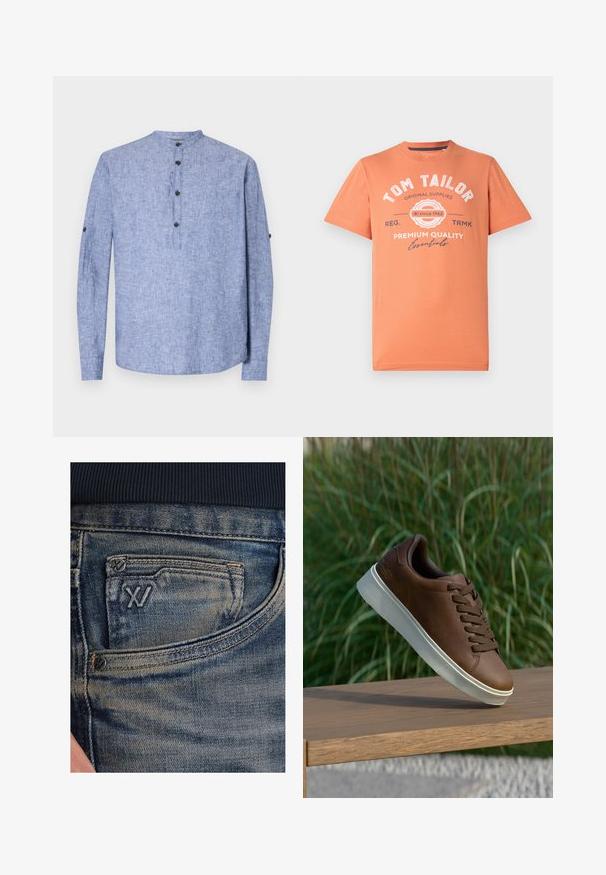 Hellblaues langärmliges Hemd mit rundem Halsausschnitt, ausgestattet mit einer Knopfleiste mit drei schwarzen Knöpfen und geknöpften Manschetten. Glatte Stofftextur.; Kurzarm-T-Shirt in Korallenorange mit rundem Halsausschnitt. Mit weißem grafischem Text und Logodetails auf der Vorderseite. Aus Baumwolle.; Blaue Jeans aus Denim mit einem ausgeblichenen Muster, ausgestattet mit einer Münztasche und einem schwarzen Logo-Akzent auf der Vorderseite. Der Bund besteht aus dunkelblauem, geripptem Stoff.; Braune Ledersneaker mit weißer Gummisohle, runder Zehenform und braunen Schnürsenkeln. Strukturierte Grip-Oberfläche auf der Sohle und glatte Verarbeitung im oberen Bereich.