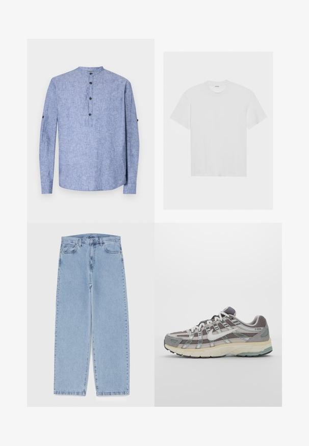 Hele sinine pikade varrukatega särk, ümarate kaelustega, millel on kolm musta nööbiga pliiats. Sile kanga tekstuur.; Valge puuvillane t-särk lühikeste varrukatega, ümar kaelus ja relaxed fit. Sile tekstuur ning nähtavaid mustreid või akente pole.; Heled sinise denimi sirgete põlvede lõikega teksad, millel on keskmise kõrgusega vöökoht, viis taskut ning nööbid ja tõmblukk.; Hallus hallitus jalanõud, millel on võrgust ja sametist ülemine osa, valged rõhutused, pehme tald ning eristuv disain peegelduvate elementidega.