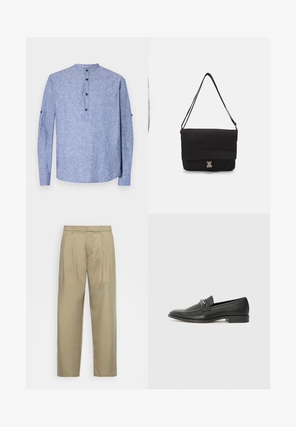 Svetlomodrá košeľa s dlhým rukávom a okrúhlym výstrihom, s pätkou so tromi čiernymi gombíkmi a gombíkovými manžetami. Hladká textúra látky.; Béžové, vysoké nohavice s rovnými nohavicami, s plochým predným dielom, bočnými vreckami a hladkým, textúrovaným materiálom.; Čierne kožené loafers s hladkým povrchom, s prešitým dizajnom a dekoratívnym kovovým reťazovým akcentom cez priehlavok. Plochý podpätok.; Čierna taška na rameno vyrobená z hladkého materiálu, s preklápacím vrchným dielom, striebornými kovový ktorými a nastaviteľným ramenným popruhom.
