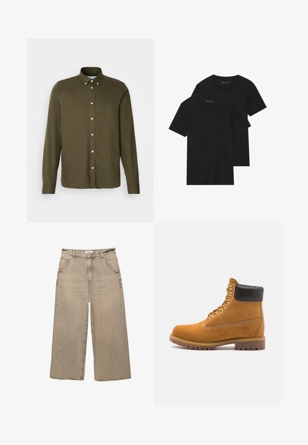 Les Deux DESERT - Srajca - olive night melange; Dve črne bombažne majice s kratkimi rokavi, okroglimi ovratniki in gladko teksturo, prikazane zložene skupaj.; PULL&BEAR MEGA BAGGY - Vrečaste kavbojke - light grey; Svetlo rjave anklne čizme iz semiša z črnim oblazinjenim ovratnikom, zlatimi kovinskimi očesci, belimi šivi in robustnim gumijastim podplatom s izrazitimi tredi.