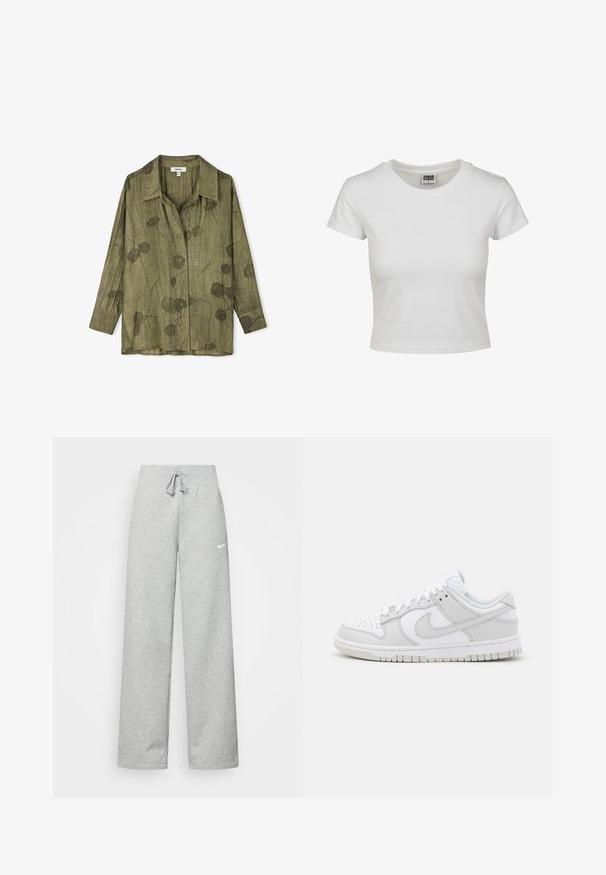 Olivgrünes Hemd mit Knopfleiste, Kragen, langen Ärmeln und floralen Mustern. Hergestellt aus leichtem, strukturiertem Stoff mit lässiger Passform.; Weißes Baumwoll-T-Shirt mit klassischem Rundhalsausschnitt, kurzen Ärmeln und slim-fit Schnitt. Keine Muster oder Akzente sichtbar.; Graue Jogginghose mit elastischem Bund, Kordelzug und kleinem weißen Nike-Logo am linken Oberschenkel. Weicher Stoff, locker sitzend.; Weiße Leder-Sneaker mit grauen Akzenten, perforierter Zehenpartie, flachen Schnürsenkeln, gepolstertem Kragen und einer strukturierten Gummi-Sohle.