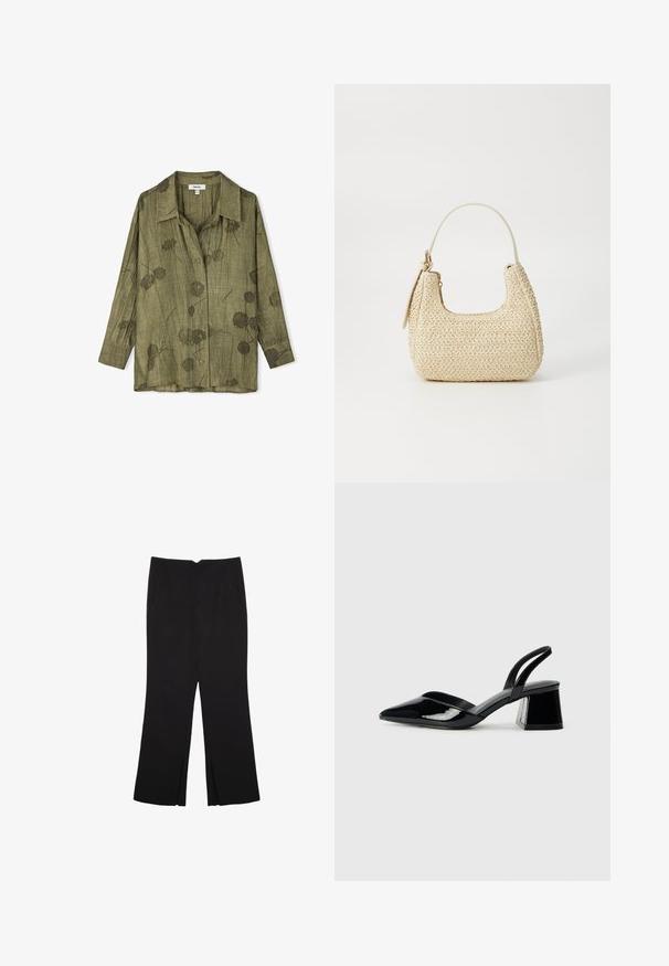 Olive green button-up shirt with a collared neckline, long sleeves, and floral patterns. Made of lightweight, textured fabric with a relaxed fit.; Black trousers with a straight fit, featuring front pockets and side slits at the hem. Made of soft, smooth fabric. Suitable for various occasions.; Black patent leather slingback heels with a pointed toe and a geometric block heel. Features a sleek, minimal design and smooth texture.; Woven straw handbag in beige with a curved shape, a short handle, and a side zipper. Features textured surface and minimalistic design.