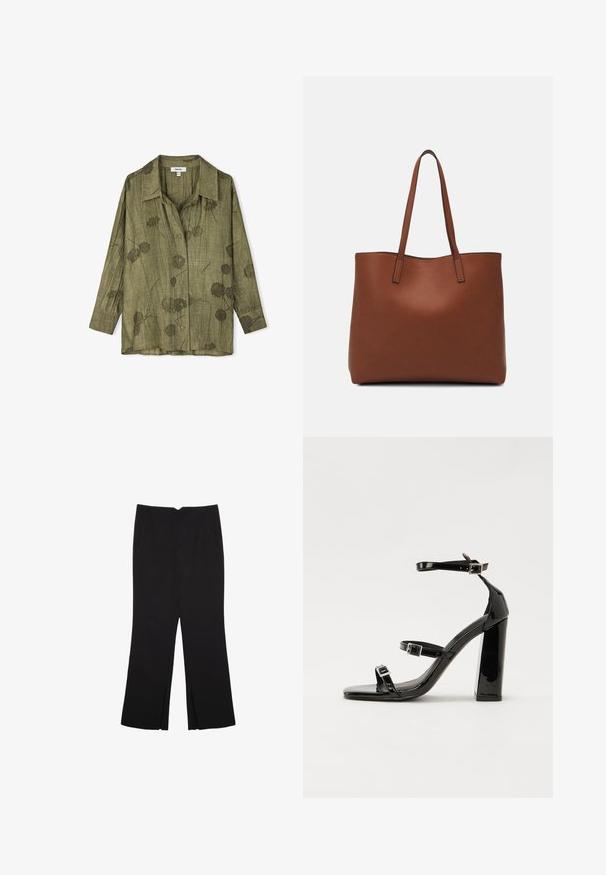 Olijfgroen overhemd met knopen, een kraag, lange mouwen en bloemmotieven. Gemaakt van lichte, textuurstof met een losse pasvorm.; Zwarte broek met een rechte pasvorm, voorzien van zijzakken en plooien aan de onderzijde. Gemaakt van zachte, gladde stof. Geschikt voor verschillende gelegenheden.; Zwarte patent lederen sandalen met hoge hakken, twee gespenbanden, een vierkante neus en een stevige blokhak, met een gladde, glanzende textuur.; Bruine leren tote bag met een gladde textuur, een ontwerp met een open bovenkant en twee schouderbanden. Kenmerkt zich door minimale stiksels en geen zichtbare hardware.