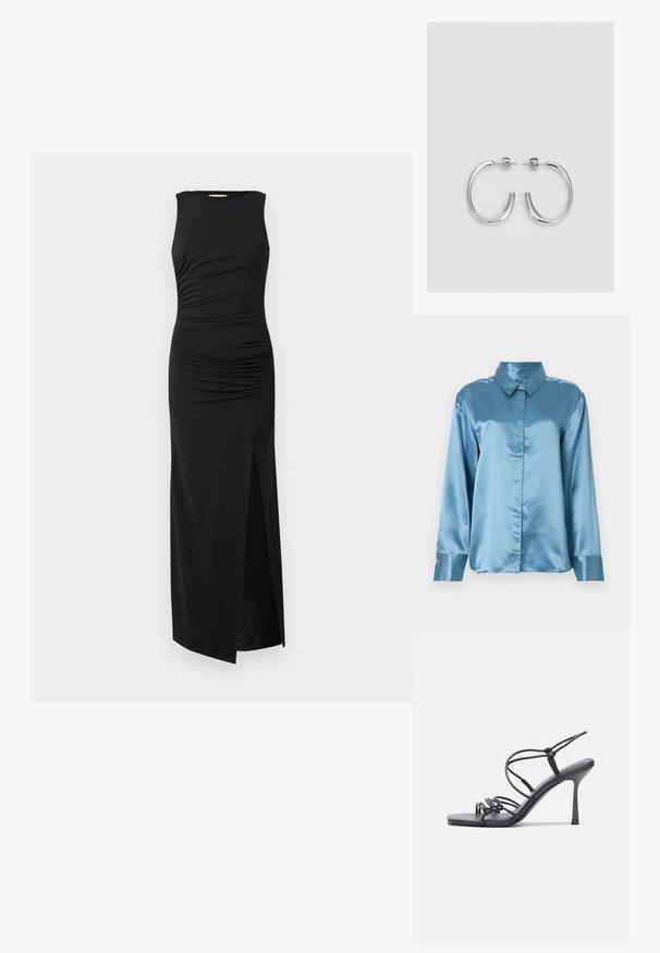 Camicia di raso azzurro chiaro con colletto e chiusura a bottoni. Maniche lunghe con polsini abbottonati e una texture liscia. Design minimalista.; Abito maxi senza maniche di colore nero con dettagli arricciati sul busto e uno spacco alto fino alla coscia su un lato. Realizzato in tessuto liscio e elasticizzato.; Sandali neri con tacco alto presentano sottili cinturini con design annodato, una punta quadrata liscia e un elegante tacco a spillo.; Borsa a mano metallica grigia chiara con tracolla a catena, impreziosita da piccoli chiodi metallici circolari e da un logo triangolare del marchio.; Orecchini a cerchio in argento con superficie liscia e lucida, caratterizzati da una forma curva e chiusura a perno. Design minimalista con finitura moderna.
