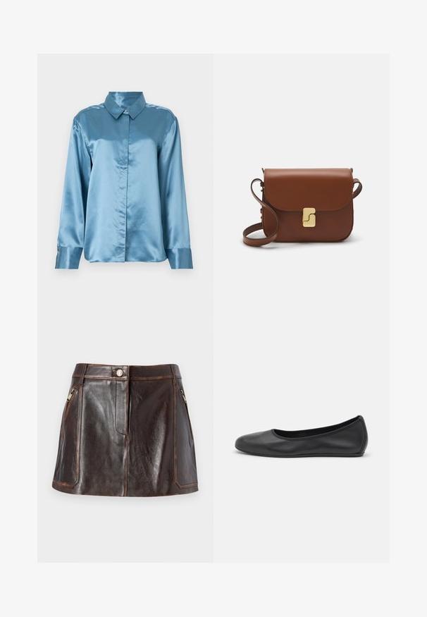 Jasnoniebieska satynowa koszula z kołnierzykiem i zapięciem na guziki z przodu. Długie rękawy z guzikami przy mankietach i gładka tekstura. Minimalistyczny design.; Biała koszulka krótki rękaw wykonana z materiału prążkowanego. Okrągły dekolt, regularny krój i subtelne detale szwów. Bez wzorów ani grafik.; Brązowa skórzana mini spódnica o eleganckim wzornictwie, z dwoma bocznymi kieszeniami zapinanymi na zamek i kontrastowymi szwami wzdłuż krawędzi.; Czarne skórzane baletki z zaokrąglonym noskiem, gładką fakturą, minimalnymi przeszyciami i elastycznym designem podeszwy.; Brązowa skórzana torebka na ramię z klapką, złotymi detalami, paskiem na ramię i gładką teksturą. Kompaktowy prostokątny kształt.