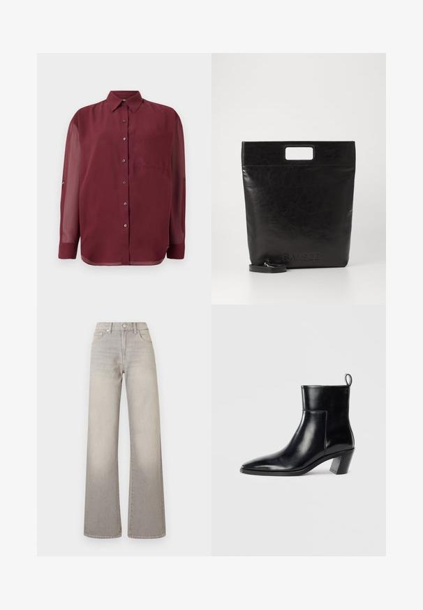 Blusa bordeaux con colletto, maniche lunghe trasparenti, tasca frontale e chiusura con bottoni. Tessuto liscio con una leggera lucentezza.; Jeans grigi larghi con finitura sbiadita, chiusura con bottone, design a cinque tasche e cuciture decorative lungo le cuciture.; Stivale alla caviglia in pelle nera con punta affusolata, tacco geometrico impilato e nastro di presa sul retro. Texture liscia e design elegante.; Borsa tote in pelle nera con manico quadrato, caratterizzata da una finitura testurizzata e logo impresso. Include una tracolla rimovibile.