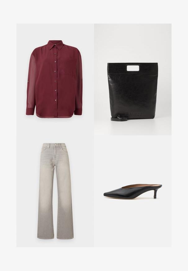 Burgunderfarget skjorte med spiss krage, lange gjennomsiktige ermer, brystlomme og sølvfargede knapper. Glatt stofftekstur.; Grå vide ben jeans med en falmet finish, knaplukning, fem-lomme design og stikninger langs sømmen.; Sorte lærmules med spiss tå og lav, blokkert hæl. Glatt tekstur med et elegant design. Åpen bak med minimal detaljering.; Svart lær tote veske med firkantet håndtak, med teksturert overflate og preget logo. Inkluderer en avtagbar stropp.