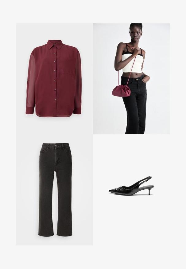 Burgunderfarbene Hemdbluse mit spitzem Kragen, langen durchsichtigen Ärmeln, einer Brusttasche und silberfarbenen Knöpfen. Glatte Stoffstruktur.; Schwarze weit geschnittene Jeans aus Denim, mit einem vorderen Knopfverschluss, Gürtelschlaufen und fünf Taschen, die eine leicht verblasste Textur aufweisen.; Schwarze Leder-Slingback-Absätze mit einer spitzen Zehenform, kleinen Kitten-Absätzen und einem dekorativen Knoten-Detail auf der Vorderseite. Glatte Textur über die gesamte Fläche.; Burgunderfarbene Handtasche aus weichem Stoff mit gerafftem Design und langem Trageriemen, quer über den Körper getragen. Das Modell trägt ein weißes Crop-Top und schwarze Jeans.