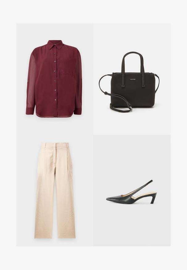 Bordeaux knap-down skjorte med spidse kraver, lange gennemsigtige ærmer, en brystlomme og sølvfarvede knapper. Glat stofstruktur.; Beige bukser lavet af glat stof. Har en lige pasform, flad front og to plisses. Ingen synlige mønstre eller metaldele.; Sorte spidse slingback-sko med en lav hæl, lavet af glat læder og med udskæringer på siden for åndbarhed.; Sort håndtaske med to korte håndtag og en aftagelig skulderrem. Glat læderagtigt materiale med lynlåslukning og logo detaljer.
