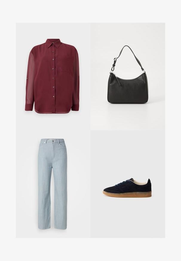 Bordo mygtukų marškiniai su smailiu apykakle, ilgomis permatomomis rankovėmis, krūtinės kišene ir sidabro spalvos mygtukais. Lygi audinio tekstūra.; Šviesiai mėlyni tiesūs džinsai, pagaminti iš džinsinio audinio. Turi penkias kišenes, metalinį mygtuko užsegimą ir subtilų dėmėtumą, suteikiantį tekstūrą.; Tamsiai mėlynas zomšiniai sportbačiai su guminėmis padu, mėlynomis raištelėmis ir minimalistiniu dizainu. Šone įspaustas logotipas ir glotni vidinė pamušalas.; Juoda odinė rankinė su išlenkta forma, viena dirželiu, užtrauktuko uždarymu ir subtiliu ženklinimu priekyje. Lygus paviršius, minimalistinis dizainas.