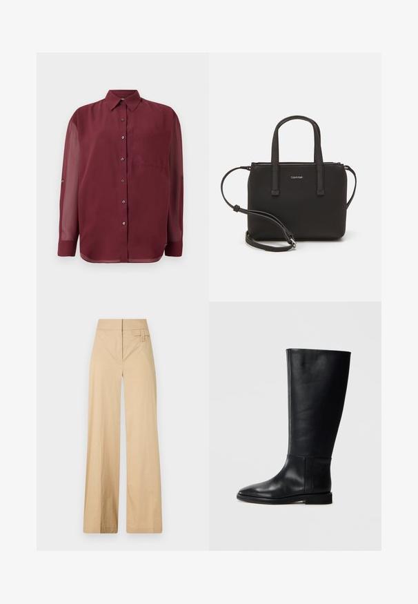 Bordo mygtukų marškiniai su smailiu apykakle, ilgomis permatomomis rankovėmis, krūtinės kišene ir sidabro spalvos mygtukais. Lygi audinio tekstūra.; Smėliniai plačiakelniai kelnių pagaminti iš medvilnės ir sintetinės medžiagos mišinio. Turi lygų tekstūrą, elastingą juosmenį ir šoninį mygtuko akcentą.; Juodos odinės kelio ilgio boot'ai su apvaliu pirštu, lygia tekstūra, minimalistiniu dizainu ir plokščiu padu. Paprasti siuvinėjimo detalės ant šonu.; Juoda rankinė su dviem trumpais rankenėlėmis ir nuimamu petį. Lygaus odos tipo medžiaga su užtrauktuku ir logotipo detale.