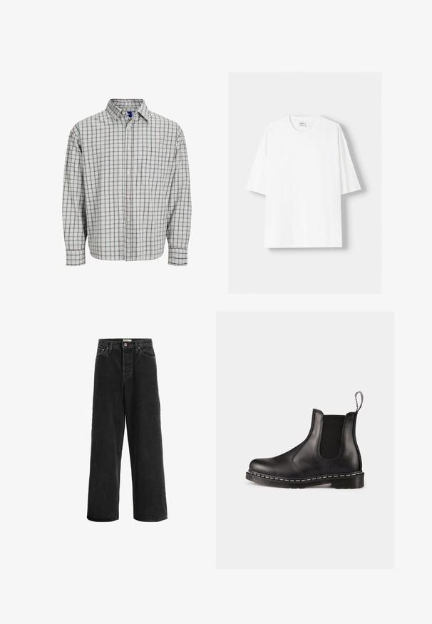 Long-sleeve button-up shirt featuring a light blue and brown checkered pattern, with a chest pocket and rounded collar. Cotton blend material.; White short-sleeved t-shirt made from cotton, featuring a round neckline and a relaxed fit. Smooth texture, with no visible patterns or accents.; Black wide-leg jeans made from denim fabric. Features a high waist, two front pockets, a button closure, and subtle stitching details.; Black leather Chelsea boot with elastic side panels, rounded toe, pull tab, white stitching on the sole, and textured rubber outsole.