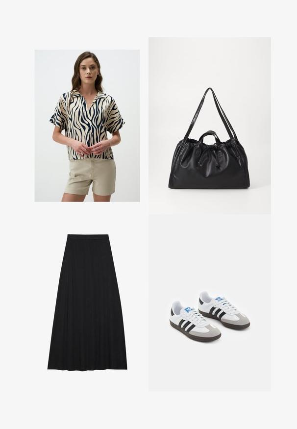 Korte mouwblouse in crème met marineblauwe zebra-opdruk, voorzien van een kraag en een v-halslijn, gestyled met lichtbeige shorts.; Zwarte maxi rok van zacht, vloeiend materiaal. Het heeft een elastische taille en een volle, A-lijn silhouet met een soepele textuur.; Sportschoenen met een witte leren bovenkant, grijze suède neus en drie zwarte strepen. Bevat een blauw logo op de tong en een gestructureerde rubberen zool.; Zwarte leren tas met een geraffineerde bovenkant, trekkoordsluiting, dubbele handgrepen en lange schouderbanden. Gladde textuur en minimalistisch ontwerp.