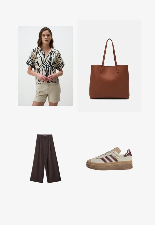 Kurzarmbluse in Cremeton mit navyfarbenem Zebra-Muster, mit Kragen und V-Ausschnitt, kombiniert mit hellbeigen Shorts.; Schwarze, weit geschnittene Hose mit hoher Taille, ausgestattet mit vorderen Falten und einem Knopfverschluss an der Taille, aus glattem Stoff gefertigt.; Beige Wildledersneaker mit maroonfarbenen Streifen, weißen Akzenten, einer klobigen, transparenten Sohle und hervorgehobenem Branding an der Seite. Schnürdesign.; Braune Leder-Tote mit glatter Textur, offenem Oberteil und zwei Schulterriemen. Verfügt über minimale Nähte und keine sichtbaren Beschläge.