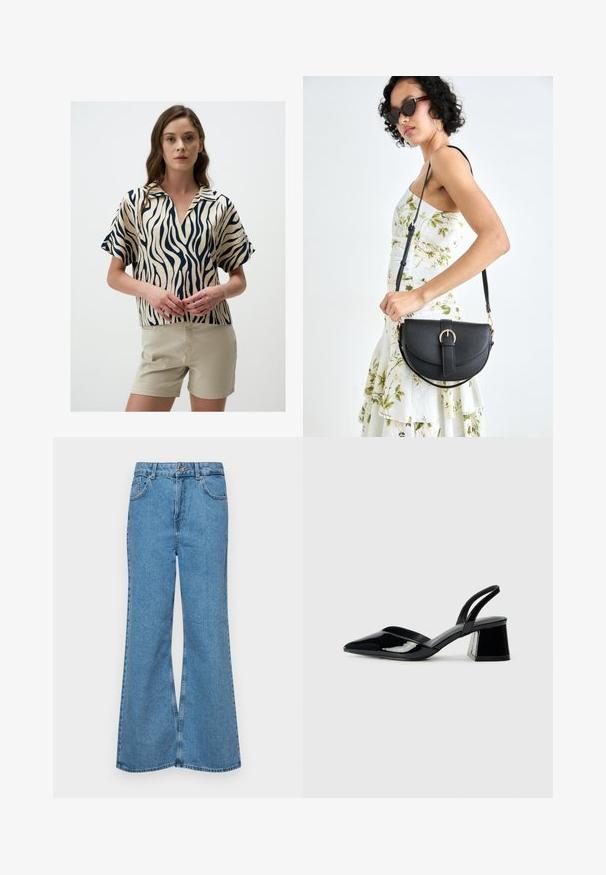 Korte mouwblouse in crème met marineblauwe zebra-opdruk, voorzien van een kraag en een v-halslijn, gestyled met lichtbeige shorts.; Lichtblauwe flared jeans van denim, met een hoge taille, vijf zakken en een enkele knoopsluiting. Zachte textuur met een vervaagde afwerking.; Zwarte gepatineerde leren slingback hakken met een spitse neus en een geometrische blokhak. Kenmerkt zich door een slank, minimalistisch ontwerp en een gladde textuur.; Zwarte leren handtas met een gebogen vorm, afneembare schouderband en gouden hardware. De tas heeft een klep met een gespsluiting.