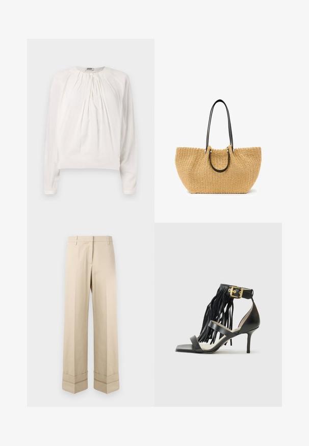 Blusa bianca a maniche lunghe con scollatura rotonda e davanti plissettato. Tessuto morbido e liscio con una vestibilità comoda e dettaglio con bottone al collo.; Pantaloni beige con vestibilità dritta, caratterizzati da un doppio risvolto all'orlo e un design frontale piatto. Realizzati in tessuto liscio e resistente.; Sandal con tacco alto nero con dettagli frangiati, cinturino alla caviglia con hardware dorato, punta quadrata piatta e due cinture incrociate sulla tomaia.; Borsa a rete in paglia beige, con manici in pelle nera e accessori in metallo argentato. Forma spaziosa e curvata con superficie testurizzata.