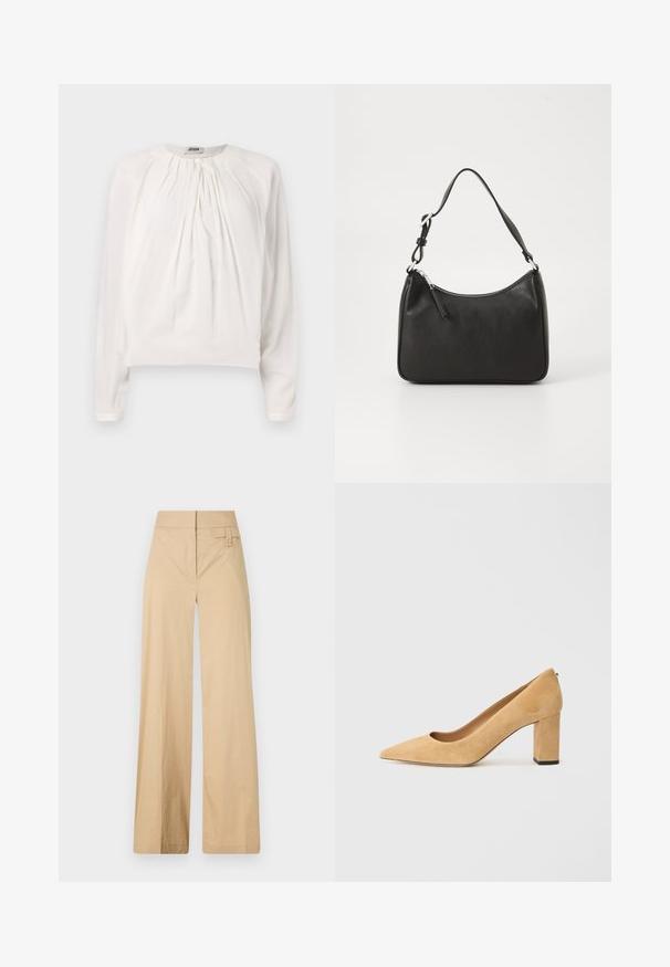 Hvit langermet bluse med rund hals og plissert front. Mykt, glatt stoff med en avslappet passform og knappedetalj ved kragen.; Beige vidje bukser laget av bomullsblandingsmateriale. Har en jevn tekstur, elastisk midjebånd og en sideknappdetalj.; Beige semskede høyhælte pumper med spiss tå og chunky blokkhels. Materialet har en myk tekstur med en jevn finish.; Svart lærveske med en buet form, en enkelt stropp, glidelåslukking og subtil merkevarebygging på forsiden. Glatt tekstur, minimalistisk design.