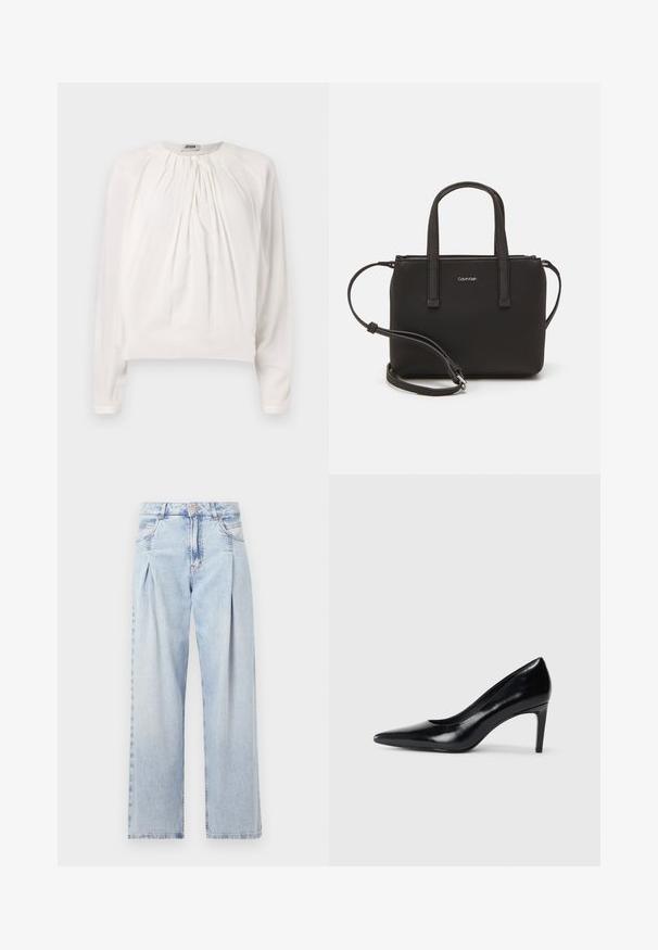Bela bluzica z dolgimi rokavi, okroglim ovratnikom in nabranim sprednjim delom. Mehka, gladka tkanina z udobnim krojem in gumbom na ovratniku.; Svjetloplave traperice visoko struka, širokog kroja, s dva bočna djepa i naboranim dizajnom. Mekana tekstura s izblijedjelim završetkom.; Črna usnjena črna čevlja na visokem petu z zašiljenim prstom, gladko teksturo in zoženim peto. Minimalističen dizajn, brez dodatnih okraskov.; Črna torbica z dvema kratkima ročajema in odstranljivim naramnim trakom. Gladek usnju podoben material z zadrgo in podrobnostmi z logotipom.