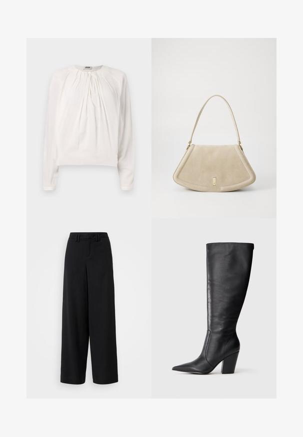 Valkoinen pitkähihaisempi pusero, jossa on pyöreä pääntie ja pleated-etuosa. Pehmeä, sileä kangas, jossa on rento istuvuus ja nappidetali kauluksessa.; Mustat leveälahkeiset housut, jotka on valmistettu sileästä kankaasta ja joissa on tasainen etuosa, laskostettuja yksityiskohtia sekä vyölenkit vyötäröllä.; Mustasirinnat mustat nahkasaappaat, joissa on terävä kärki ja paksu korkea korko, esitetty vasemman sivuprofiilin näkökulmasta valkoista taustaa vasten.; Beige suède käsilaukku, jossa on pyöreän kolmion muoto, yksi hihna ja kultasävytteinen yksityiskohta edessä.