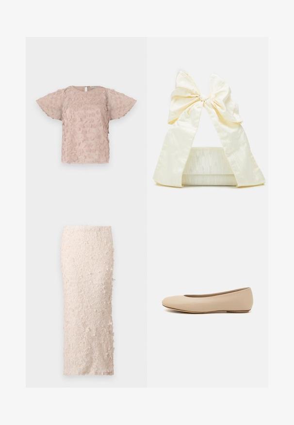 Rozā izšūta blūze ar ziedu rakstiem, īsām pušķainām piedurknēm un atslēgvārda aizmugures aizdari. Mīksta, teksturēta auduma.; Kréma krāsas svārki, izgatavoti no mežģīnēm ar ziedu aplikācijām. Dizains ir pieguļošs, ar gludu tekstūru un detalizētām rotājumiem.; Bežs ādas deju zābaciņš ar noapaļu purngalu, minimālu šuvju detaļām, zemu papēdi un diskrētu logotipu aizmugurē. Gluda, matēta tekstūra.; Loeffler Randall RAMONA BOW SHOULDER BAG - Rokassoma - cream