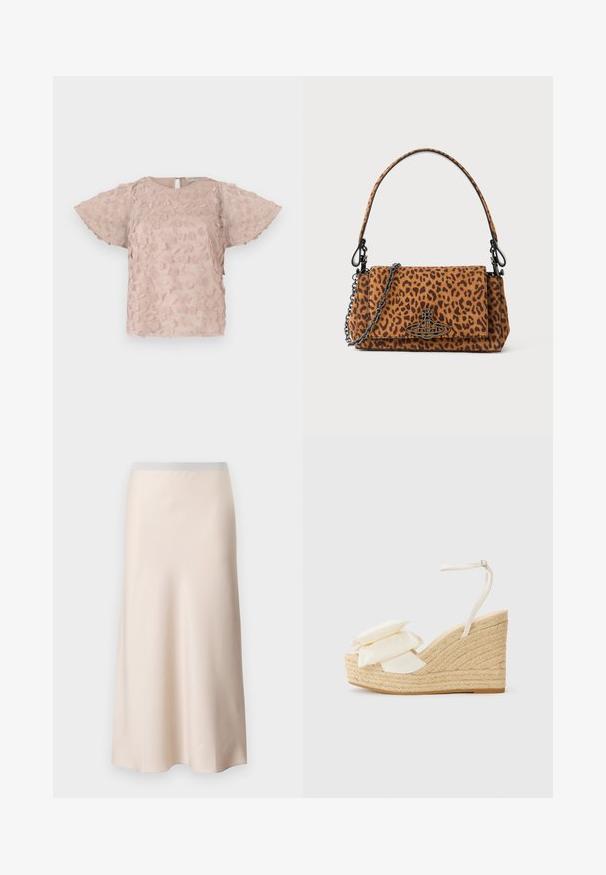 Pink embroidered blouse featuring floral patterns, short flutter sleeves, and a keyhole back closure. Soft, textured fabric.; Pale beige midi skirt with a smooth, satin-like finish and a light gray elastic waistband. Flared design tapering towards the hem.; Wedge sandal with a natural jute platform, cream fabric upper, and two layered floral accents; features a thin ankle strap with buckle.; Leopard print handbag made of suede with a short handle, a chain strap, and a black hardware clasp. Rectangular shape with a flap closure.