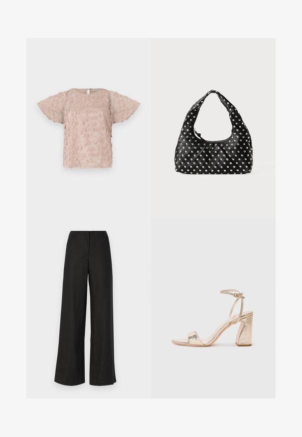 Pink embroidered blouse featuring floral patterns, short flutter sleeves, and a keyhole back closure. Soft, textured fabric.; Faithfull the brand LULEA PANT - Trousers - black; Gold metallic high-heeled sandal features a wide strap over the toes, adjustable ankle strap, and a textured block heel.; Black leather handbag with a curved handle, featuring a pattern of metallic studs evenly distributed across the surface. Zipper closure.