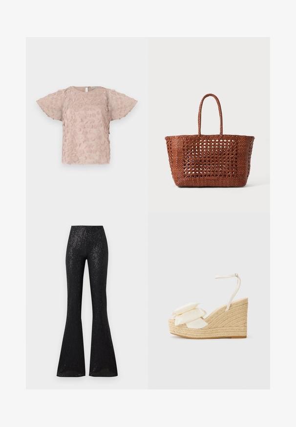 Rožna vezenina bluzo z cvetličnimi motivi, kratkimi letečimi rokavi in zapiranjem s ključavnico na hrbtni strani. Mehka, teksturirana tkanina.; Črne flare hlače z teksturirano, rahlo sijočo tkanino, ki ima navpične črte. Pas je elastičen, kar povečuje udobje in prileganje.; Sandal z wedge z naravno juto platformo, zgornji del iz kremaste tkanine in dvema slojema cvetnih poudarkov; ima tanek gleženjski trak z zaponko.; Tkanovana rjava torba z odprtim vzorcem, pravokotne oblike, in dvema pletenima ročajema. Ima trden dno za podporo.