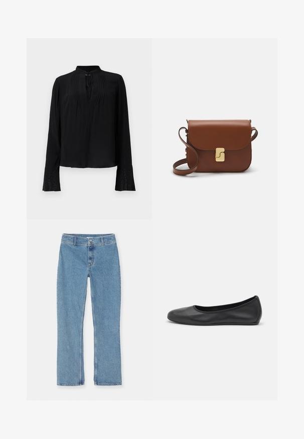 Blusa negra con mangas largas, diseño sin cuello, parte frontal plisada y puños detallados con intrincados adornos. Textura suave.; Camiseta de manga corta blanca hecha de tela de canalé. Cuello redondo, corte regular y detalles de costura sutiles. Sin patrones ni gráficos.; Jeans de denim de pierna recta en azul claro con cierre de botón y cremallera, trabillas para cinturón y costuras estándar sobre un fondo blanco.; Bailarina de piel negra con punta redondeada, textura suave, detalle de costura minimalista y diseño de suela flexible.; Bolso de mano de cuero marrón con cierre de solapa, herrajes en tono dorado, correa para el hombro y una textura suave. Forma rectangular compacta.