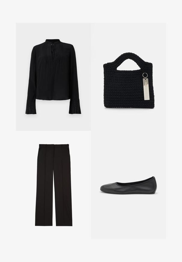 Black blouse with long sleeves, a collarless design, pleated front, and detailed cuffs featuring intricate embellishments. Smooth texture.; Black tailored trousers made of a smooth fabric, featuring a straight-leg design, and two side pockets. Elegant and minimalistic construction.; Black leather ballet flat with a rounded toe, smooth texture, minimal stitching detail, and a flexible sole design.; Won Hundred MARSIELLE COMPUTER BAG UNISEX - Laptop bag - black