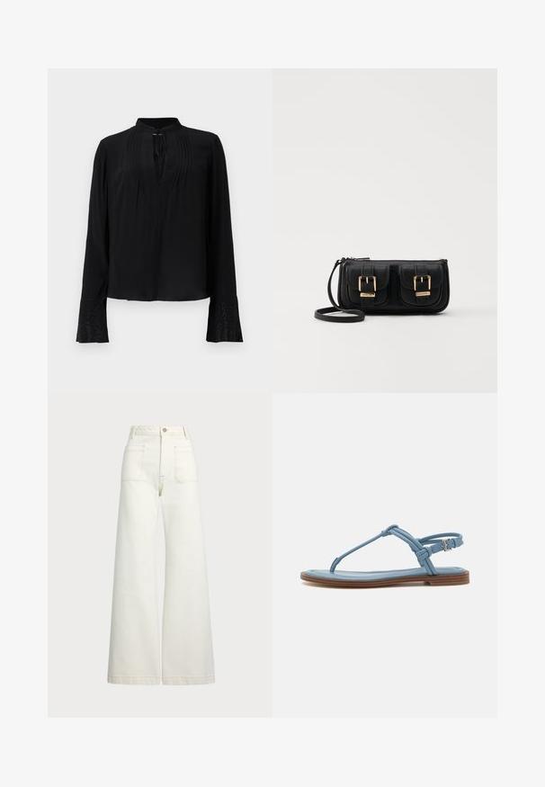 Črna bluzica z dolgimi rokavi, brez ovratnika, z naborano sprednjo stranjo in podrobno zaključenimi manšeti, ki imajo zapletene okraske. Gladka tekstura.; Široke jeans hlače v off-white denim tkanini. Visok pas z gumbnim zapiranjem, dvema sprednjima žepoma in detajli kontrastnega šivanja.; Modra usnjena japanka z ravnim podplatom, ki ima ozko naramnico in zaponko okoli gležnja za varno prileganje.; Črna usnjena torbica čez ramo z dvema sprednjima žepoma, zlatimi zaponkami, zadrgo in ozkim pasom. Tekstura površine je strukturirana, obliko pa ima kompaktno pravokotno.