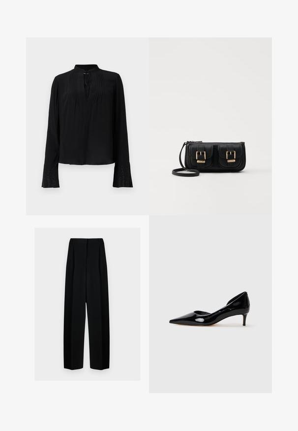 Blusa nera con maniche lunghe, design senza colletto, davanti plissettato e polsini dettagliati con decorazioni intricate. Texture liscia.; Pantaloni neri a gamba larga con vita alta, dotati di pieghe e una texture liscia. Il tessuto sembra leggero e si drappeggia in modo elegante.; Scarpa da donna in vernice nera con punta a spillo e tacco basso, mostrata di profilo su sfondo grigio chiaro.; Borsa a tracolla nera in pelle con due tasche frontali, fibbie dorate, chiusura con zip e una tracolla sottile. Superficie texturizzata e forma rettangolare compatta.