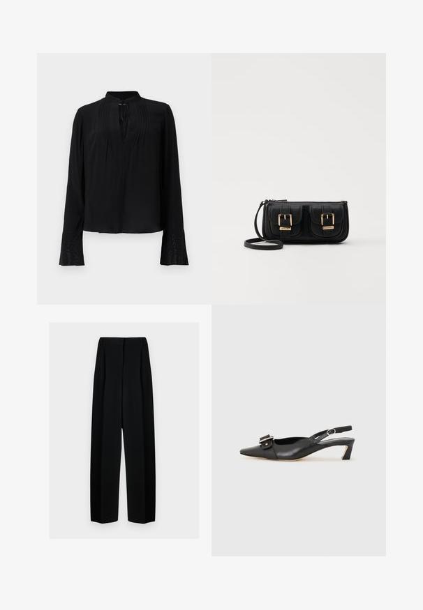 Crna bluzica s dugim rukavima, bez kragne, nabranim prednjim dijelom i detaljnim manžetama s složenim ukrasima. Glatka tekstura.; Crne široke hlače s visokim strukom, s naborima i glatkom teksturom. Tkanina izgleda lagano i elegantno pada.; Crne kožne sandale s remenčićem i šiljastim vrhom, malim potpeticama i dekorativnom kopčom na gornjem dijelu. Glatka tekstura, minimalistički dizajn.; Crna kožna torba preko ramena s dva prednja džepa, zlatnim kopčama, zatvaranjem na zip i uskim remenom. Teksturirana površina i kompaktan pravokutan oblik.