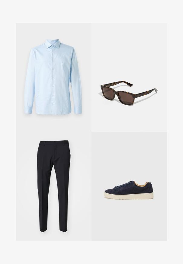 Lys blå langermet skjorte laget av bomull. Har krage med knapper, sentral knappestolpe og subtil logoakkent på brystet.; Mørk marineblå bukser med slim fit. Laget av glatt, strukturert stoff, med flat front, beltehemper og sidelommer.; Marineblå semsket lav sneaker med rund tå, off-white gummisåle og matchende snørebånd; har en kontrasterende tan indvendig foring.; Gucci-solbriller med firkantede, skilpadde-skal plastikkrammer og brune linser. Har subtil merking på stengene.