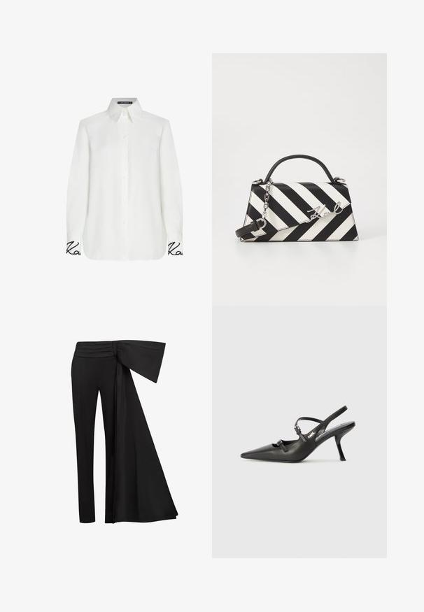 White long-sleeve shirt with a button-down collar, featuring a relaxed fit and black embroidered accent on the cuffs. Smooth texture.; Black trousers with a wide, draped sash detail at the waist. Smooth fabric, straight leg cut, and pleated waistband.; Black leather slingback heels with a pointed toe, slender heel, and decorative buckle detail on the vamp. Smooth texture and sleek design.; Black and white striped handbag with a structured shape, featuring a top handle, a detachable chain strap, and metallic logo accent.