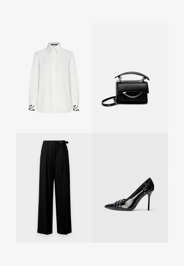 White long-sleeve shirt with a button-down collar, featuring a relaxed fit and black embroidered accent on the cuffs. Smooth texture.; Black wide-leg trousers with a high waist, pleats at the front, and a belt featuring a buckle. Made from smooth, lightweight fabric.; Black patent leather stiletto heel shoe with pointed toe, three decorative straps with studs, and "Karl Lagerfeld" branding on heel.; Black leather handbag with a structured design, chain and handle accents, and a textured surface. Features a flap closure with branding visible.