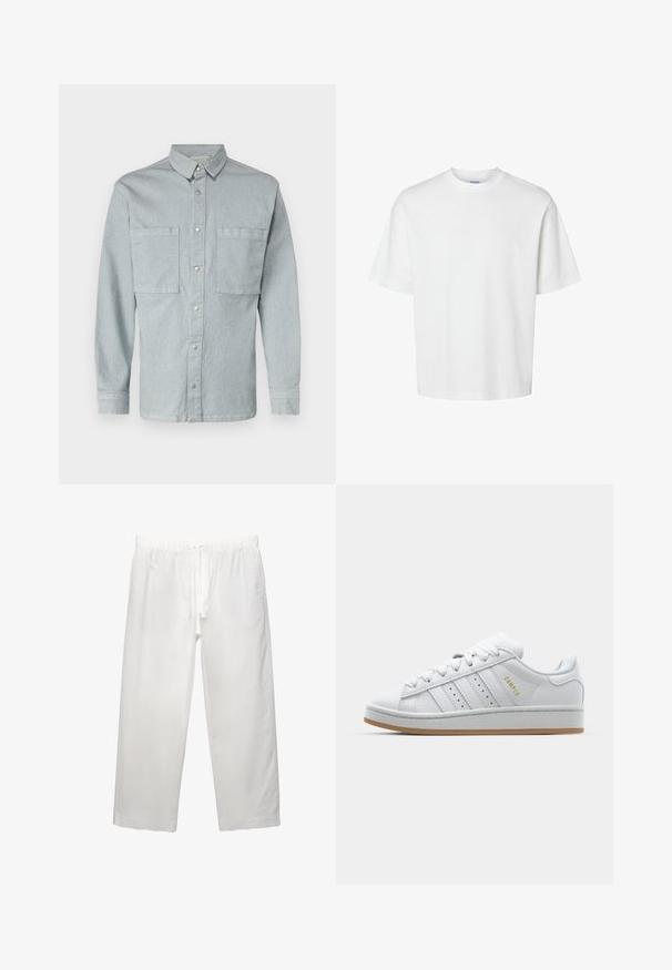Lyseblå denimskjorte med lange ærmer, knaplukning foran, to brystlommer og sølvfarvede trykknapper. Klassisk krave og lige snit.; Hvid bomulds T-shirt med korte ærmer, rund halsudskæring og en afslappet pasform. Glat tekstur uden synlige mønstre eller detaljer.; Hvide linnedbukser med elastisk talje med snøre, bred ben-design og rene sømme. Glat tekstur med afslappet pasform.; Hvide sneakers med perforeret tre-stribe-design, teksturerede detaljer, en gummisål og "CAMPUS" logo i guld på siden.