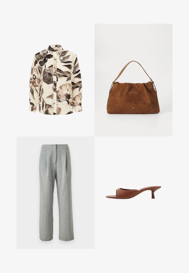 Pitkähihaisessa vaaleassa paitapuserossa on suuri tumma kukkakuosi, ja siinä on napitettu etuosa sekä klassinen kaulus. Pehmeä rakenne, rento istuvuus.; Harmaa, korkea vyötäröiset housut, jotka on valmistettu pehmeästä, tekstuurisesta kankaasta. Ominaisuuksiin kuuluvat kaksi etutaskua ja suora lahje, sekä nappisuljenta.; Ruske avto čevlji s peto, odprti spredaj, z gladko mat površino, ki imajo ukrivljen dizajn in prozorno, stožčasto peto.; Ruskea nukkaohut laukku, jossa on poimittu muotoilu, ja siinä on yksittäinen vaaleanruskea nahkahihna sekä hillitty kultainen logo etuosassa.