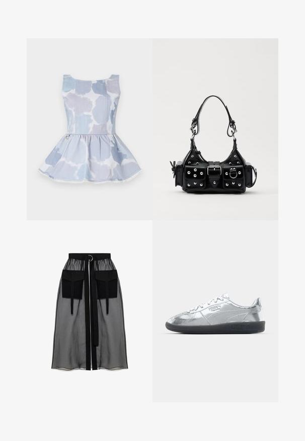 Lysblå denim peplum top med tie-dye mønster, der har en scoop halsudskæring og en detaljer i guld ved taljen.; Sort gennemsigtig nederdel med en rynket talje, der har to store forlommer, et taljebånd og en cirkulær metaldetalje.; Sølv sneakers med en glat, reflekterende overdel, der har sorte gummisåler og klassisk snøredesign. Puma-logo på siden.; Sort læderhåndtaske med et buet design, prydet med sølvfarvede nitter, en spænde og to sidelommer. Justerbar rem til forskellige bære muligheder.