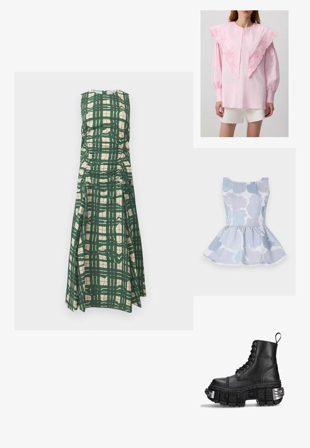 Denim peplum top in light blue with a tie-dye pattern, featuring a scoop neckline and a gold accent detail at the waist.; Pink blouse featuring a large, embroidered collar with floral patterns, long sleeves, and gathered cuffs, paired with white shorts.; Green and cream plaid sleeveless dress with gathered side detailing and a round neckline, made from a smooth textured fabric.; Black leather combat boot with high top, round toe, thick textured sole, silver hardware accents, and distinctive tread pattern.