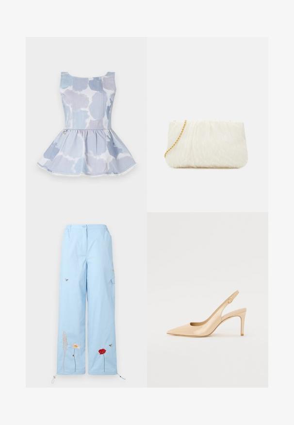 Top a peplum in denim azzurro chiaro con un motivo tie-dye, caratterizzato da scollatura a girocollo e un dettaglio dorato in vita.; Pantaloni a gamba larga blu chiaro con ricami di fiori e api, dotati di orlo con cordino e tasche frontali. Tessuto in cotone con una consistenza morbida.; Sandalo con tacco a spillo in pelle verniciata nudo, con punta affilata, vamp aperto e sottile tacco a stiletto. Presenta un accentuazione circolare in oro sulla fascia.; Clutch bianco con texture e design arricciato, dotato di una tracolla in catena dorata. Finitura liscia con leggere ondulazioni e bordi arrotondati.