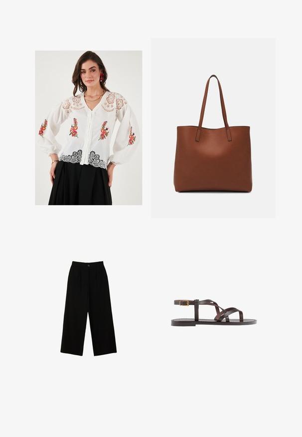 White blouse with floral embroidery in red and green, featuring lace trim, puffed sleeves, and a V-neckline. Delicate detailed accents.; Black wide-leg trousers made from a smooth material, featuring a high waist, front pleats, and a single top button closure.; Brown leather sandal featuring crisscross straps, an ankle buckle closure, and a flat sole with minimal stitching details.; Brown leather tote bag with a smooth texture, open top design, and two shoulder straps. Features minimal stitching and no visible hardware.